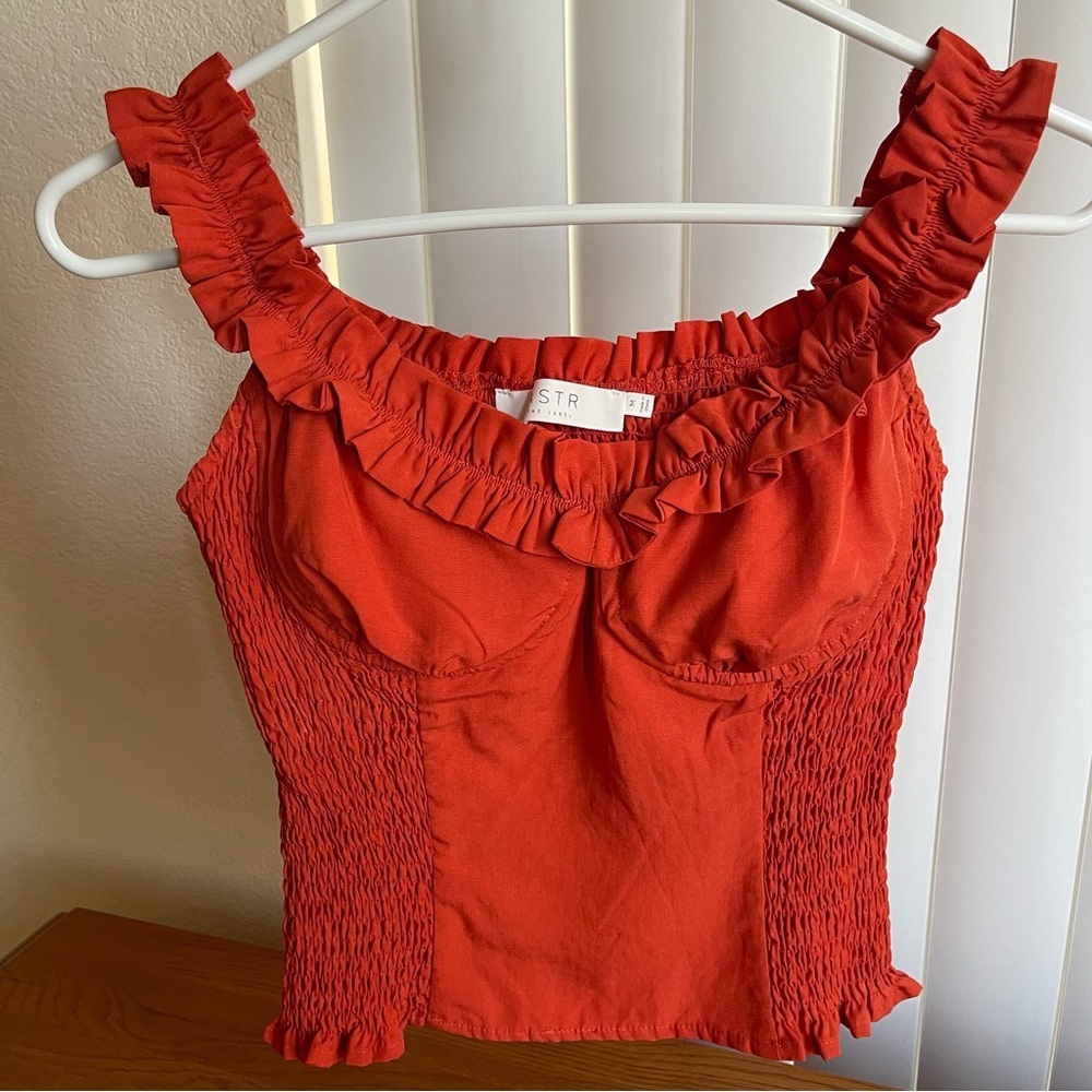 ASTR the Label Smocked Ruffle Strap Underwire Top Red Orange Size M